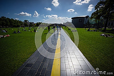 Amsterdam path bicycle lane pedestrian park water sculpture Holland river Editorial Stock Photo