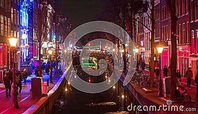 Amsterdam red district prostitution quarter street, canal night Stock Photo