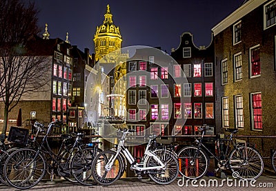 Amsterdam Red Light District at night, Singel Canal Stock Photo