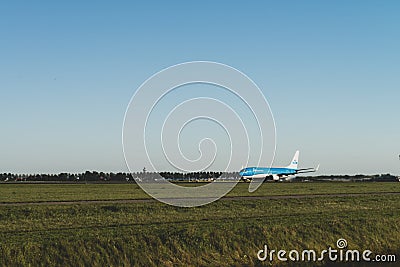 KLM airplane is ready to take off from the runway, Boeing 737-800, KLM royal dutch airlines, runway Polderbaan Editorial Stock Photo