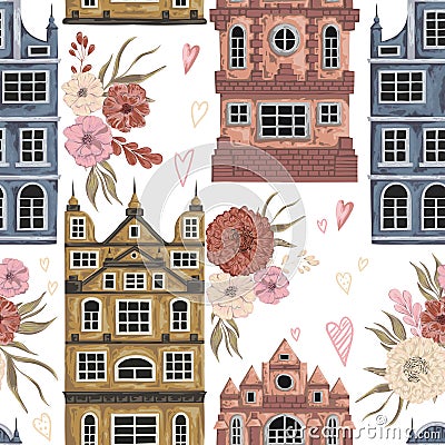 Amsterdam. Seamless pattern with historic buildings and traditional architecture of Netherlands. Vector Illustration