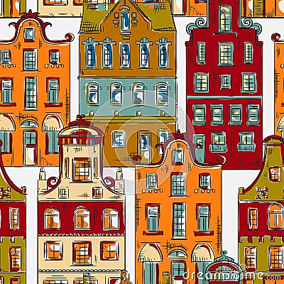 Amsterdam. Seamless pattern with old historic buildings Traditional architecture of Netherlands. Vector Illustration