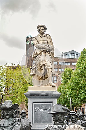 AMSTERDAM - SEPTEMBER 17, 2015: Rembrant monument in front of bo Editorial Stock Photo