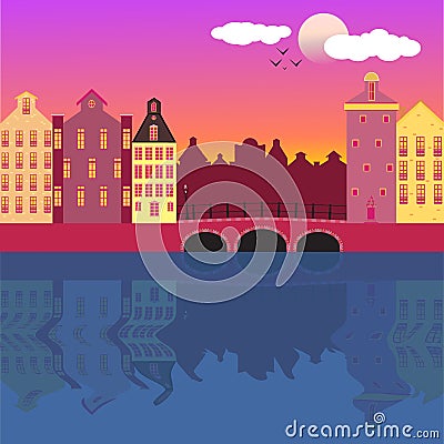 Amsterdam street facades cartoon vector illustration Vector Illustration