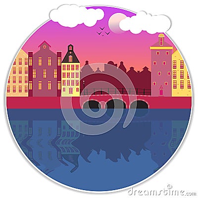 Amsterdam street facades cartoon vector illustration Vector Illustration