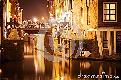 Amsterdam street at night Editorial Stock Photo