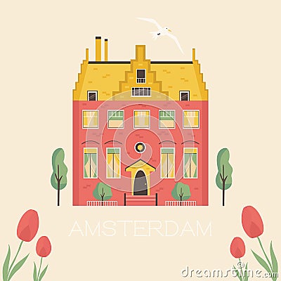 An Amsterdam street with traditional old building Vector Illustration