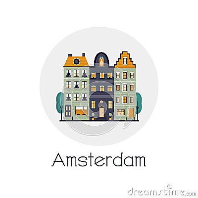 An Amsterdam street with traditional old buildings Vector Illustration