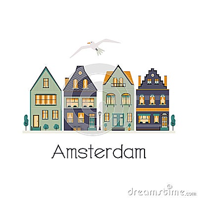 An Amsterdam street with traditional old buildings Vector Illustration