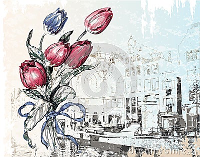 Amsterdam street and tulips Vector Illustration