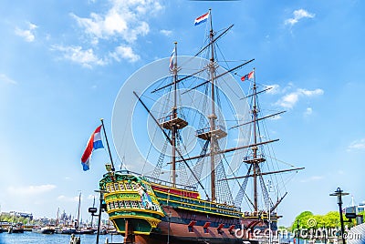The Amsterdam, three-masted ship, clipper ship, replica, Dutch East India Company ship, Maritime Museum, Amsterdam, Holland, Editorial Stock Photo