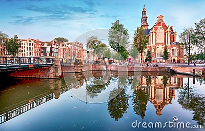 Amsterdam - The Westerkerk church, Netherlands at night Stock Photo