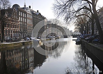 Amsterdam winter snow canal Amstel city center. Stock Photo