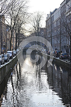 Amsterdam winter snow canal Amstel city center. Stock Photo