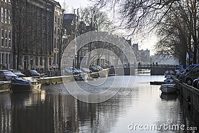 Amsterdam winter snow canal Amstel city center. Stock Photo