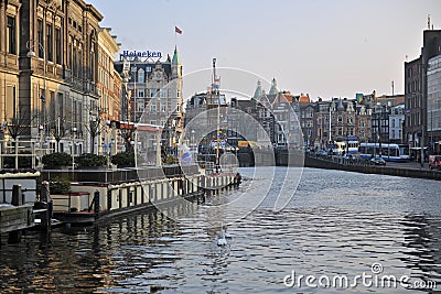 Amsterdam winter snow canal Amstel city center. Editorial Stock Photo