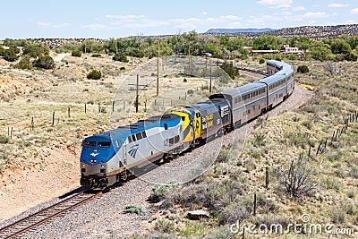Amtrak Southwest Chief passenger train railway in Los Cerrillos New Mexico, United States Editorial Stock Photo