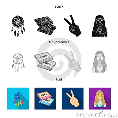 Amulet, hippie girl, freedom sign, old cassette.Hippy set collection icons in black, flat, monochrome style vector Vector Illustration