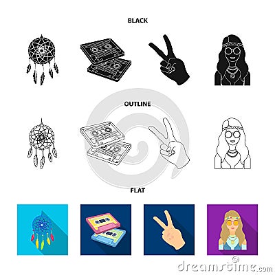 Amulet, hippie girl, freedom sign, old cassette.Hippy set collection icons in black,flat,outline style vector symbol Vector Illustration