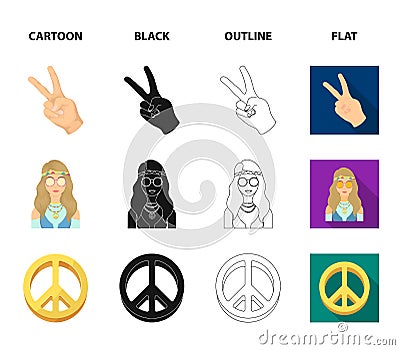 Amulet, hippie girl, freedom sign, old cassette.Hippy set collection icons in cartoon,black,outline,flat style vector Vector Illustration