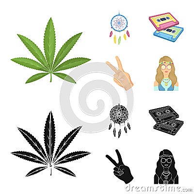 Amulet, hippie girl, freedom sign, old cassette.Hippy set collection icons in cartoon,black style vector symbol stock Vector Illustration