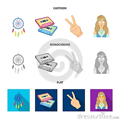 Amulet, hippie girl, freedom sign, old cassette.Hippy set collection icons in cartoon,flat,monochrome style vector Vector Illustration