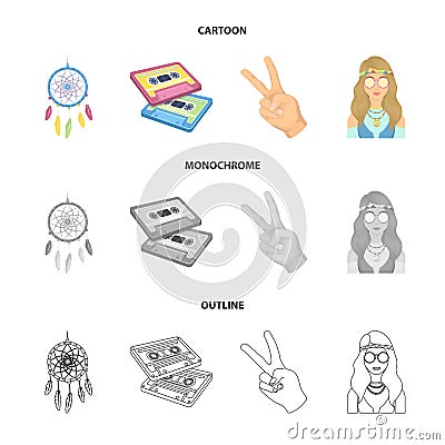 Amulet, hippie girl, freedom sign, old cassette.Hippy set collection icons in cartoon,outline,monochrome style vector Vector Illustration