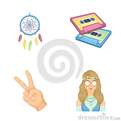 Amulet, hippie girl, freedom sign, old cassette.Hippy set collection icons in cartoon style vector symbol stock Vector Illustration