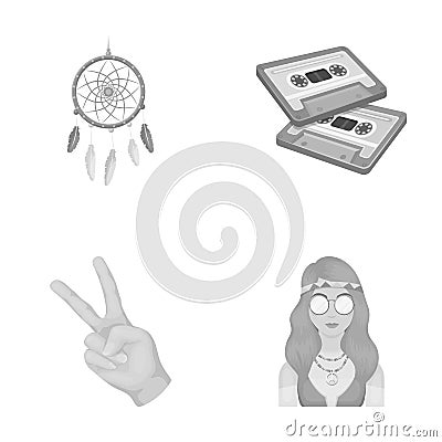 Amulet, hippie girl, freedom sign, old cassette.Hippy set collection icons in monochrome style vector symbol stock Vector Illustration