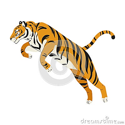 Amur tiger jumping isolated on white background. Vector tiger side view. Endangered animal Vector Illustration