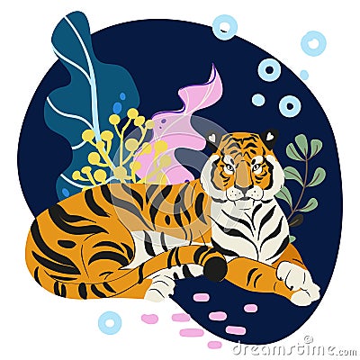 Amur tiger lies in plants and algae isolated on white background. Vector tiger side view. Endangered animal Vector Illustration