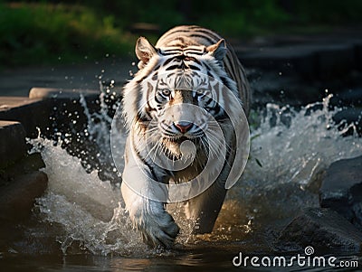 Amur tiger running in water. Danger animal tajga Russia. Animal in forest stream. Grey Stone river droplet Cartoon Illustration