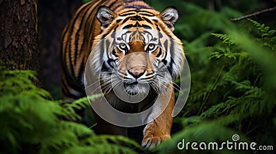 Amur tiger walking in the water. Dangerous animal, taiga, Russia. Animal in green forest stream. Stock Photo