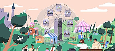 Amusement, entertainment park landscape. Happy people resting, friends and families having fun on summer holiday Vector Illustration