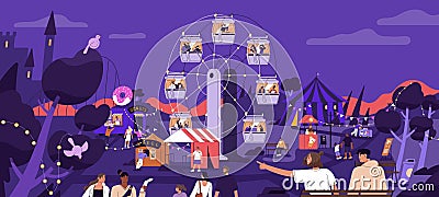 Amusement, entertainment park at night. People entertaining, having fun on summer holiday, vacation. Ferris observation Vector Illustration