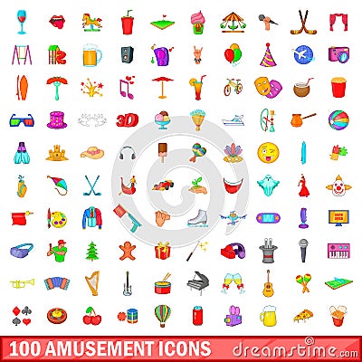 100 amusement icons set, cartoon style Vector Illustration