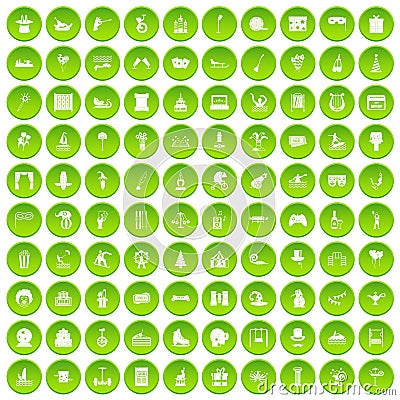 100 amusement icons set green Vector Illustration