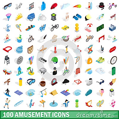 100 amusement icons set, isometric 3d style Cartoon Illustration