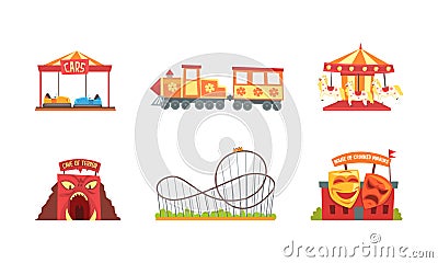 Amusement Park Attraction with Thrill Rides and Carousel for Entertainment Vector Set Vector Illustration