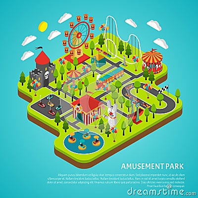 Amusement Park Attractions Fairground Isometric Banner Vector Illustration