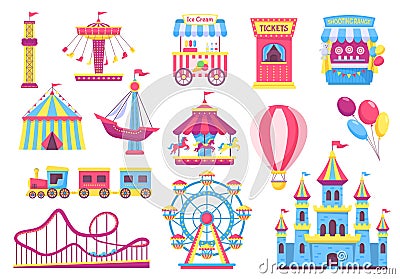 Amusement park attractions, fairground rides, carnival elements. Cartoon circus tent, carousel, rollercoaster, funfair Vector Illustration