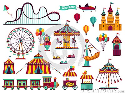 Amusement park attractions set. Carnival amuse kids carousels games fairground attraction play rollercoaster Vector Illustration