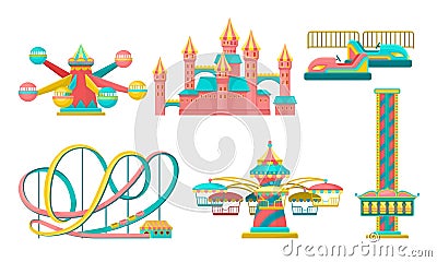 Amusement Park Attractions Set, Rollercoaster, Castle, Carousels Vector Illustration Vector Illustration