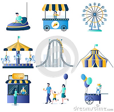 Amusement park attractions vector flat icon set Vector Illustration