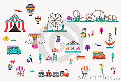 Amusement park with carousels, air balloons and roller coaster. Circus, Fun fair and Carnival icon set Vector Illustration