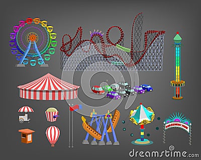 Amusement park for children with attractions and fun icons set. Vector Illustration