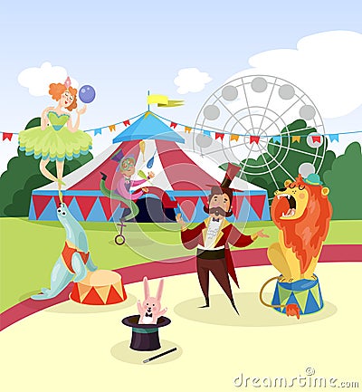 Amusement park with circus artists and marquee, ferris observation wheel and green trees on background. Cartoon Vector Illustration