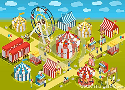 Amusement Park Circus Attractions Isometric Illustration Vector Illustration