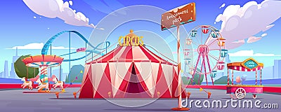 Amusement park with circus tent, ferris wheel Vector Illustration