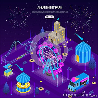 Amusement Park Concept 3d Isometric View. Vector Vector Illustration